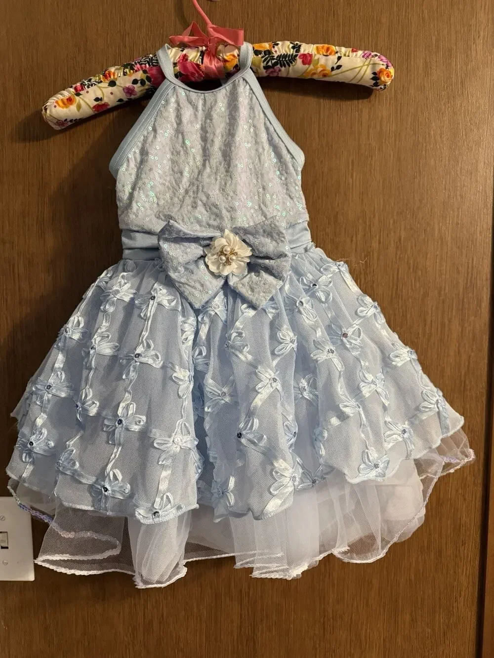 Weissman light blue sequin halter dance costume floral applique SZ XSC TUTU